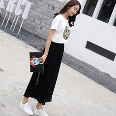 Women Pleated Wide Leg Pants Black Large Spring Casual