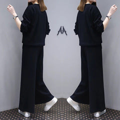 Women Black Wide Leg Pants Set Plus Size Spring Wear