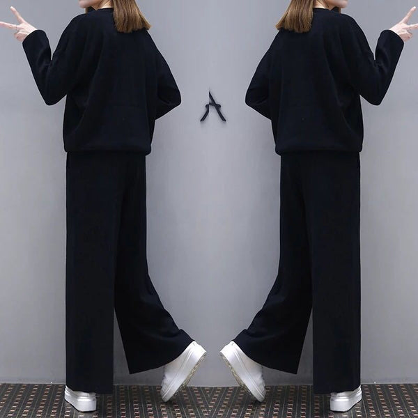 Women Black Wide Leg Pants Set Plus Size Spring Wear